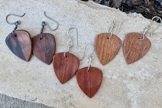 Guitar pick earrings wood with sterling silver wiring
