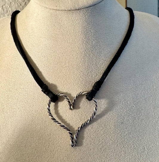 Twisted wire sterling silver heart on deerskin leather lace necklace