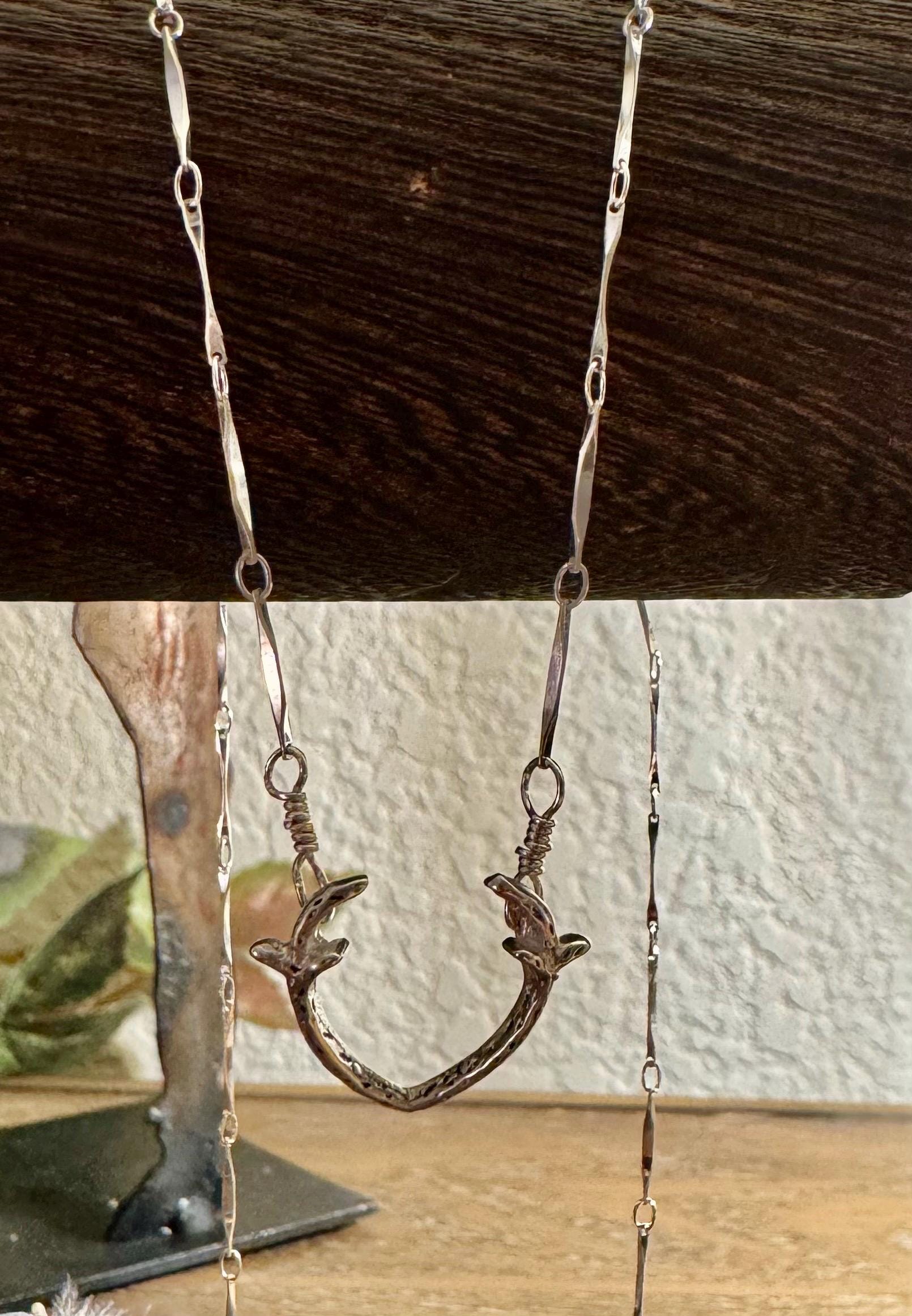 Sterling silver deer antler pendant / charm on dapped bar and link chain
