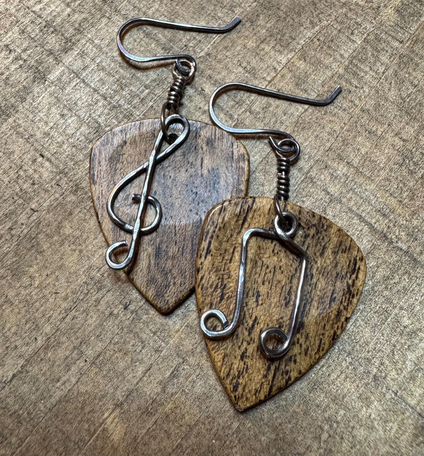 Guitar pick earrings / wood, sterling silver treble clef and note dangle