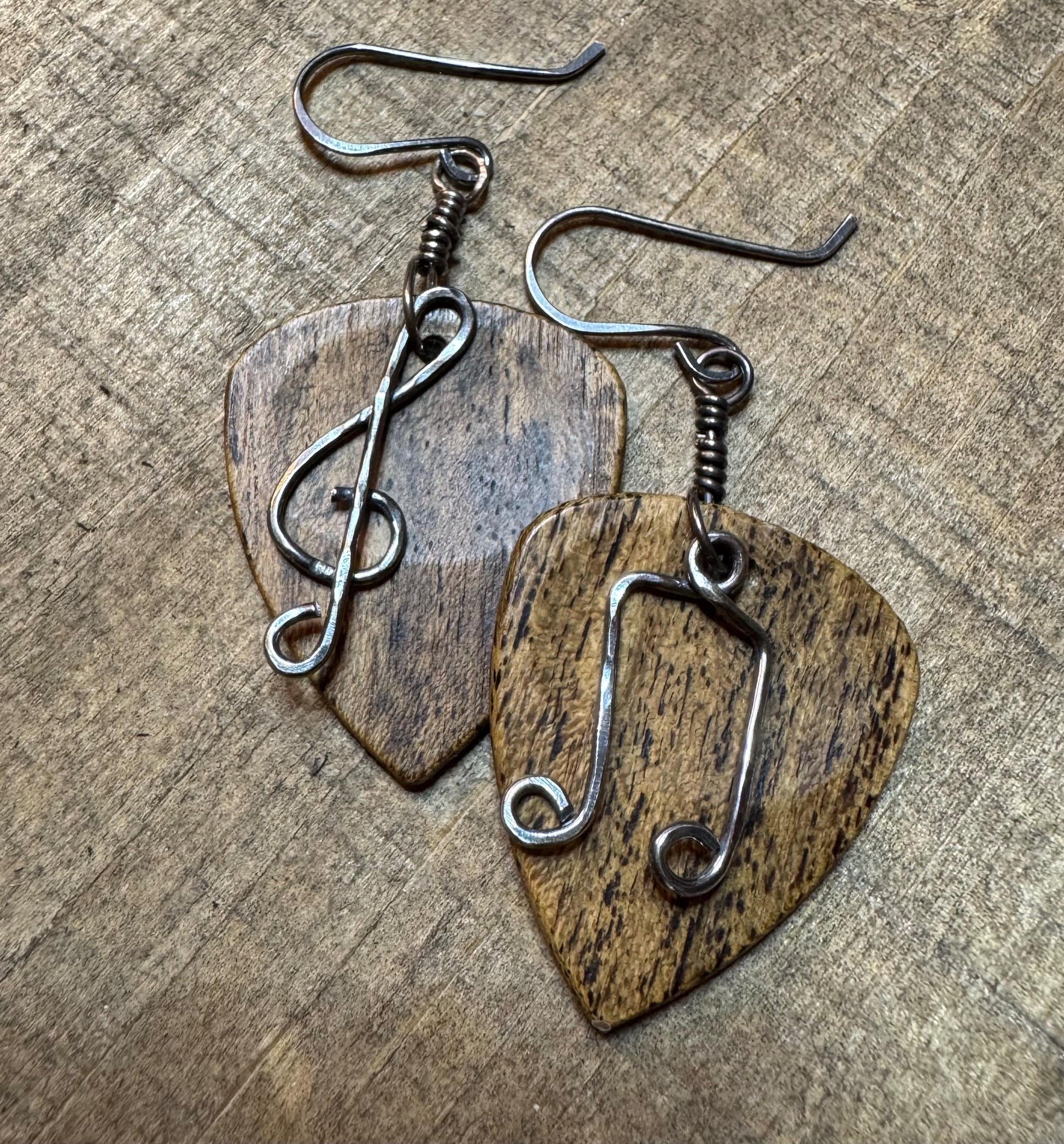 Guitar pick earrings / wood, sterling silver treble clef and note dangle