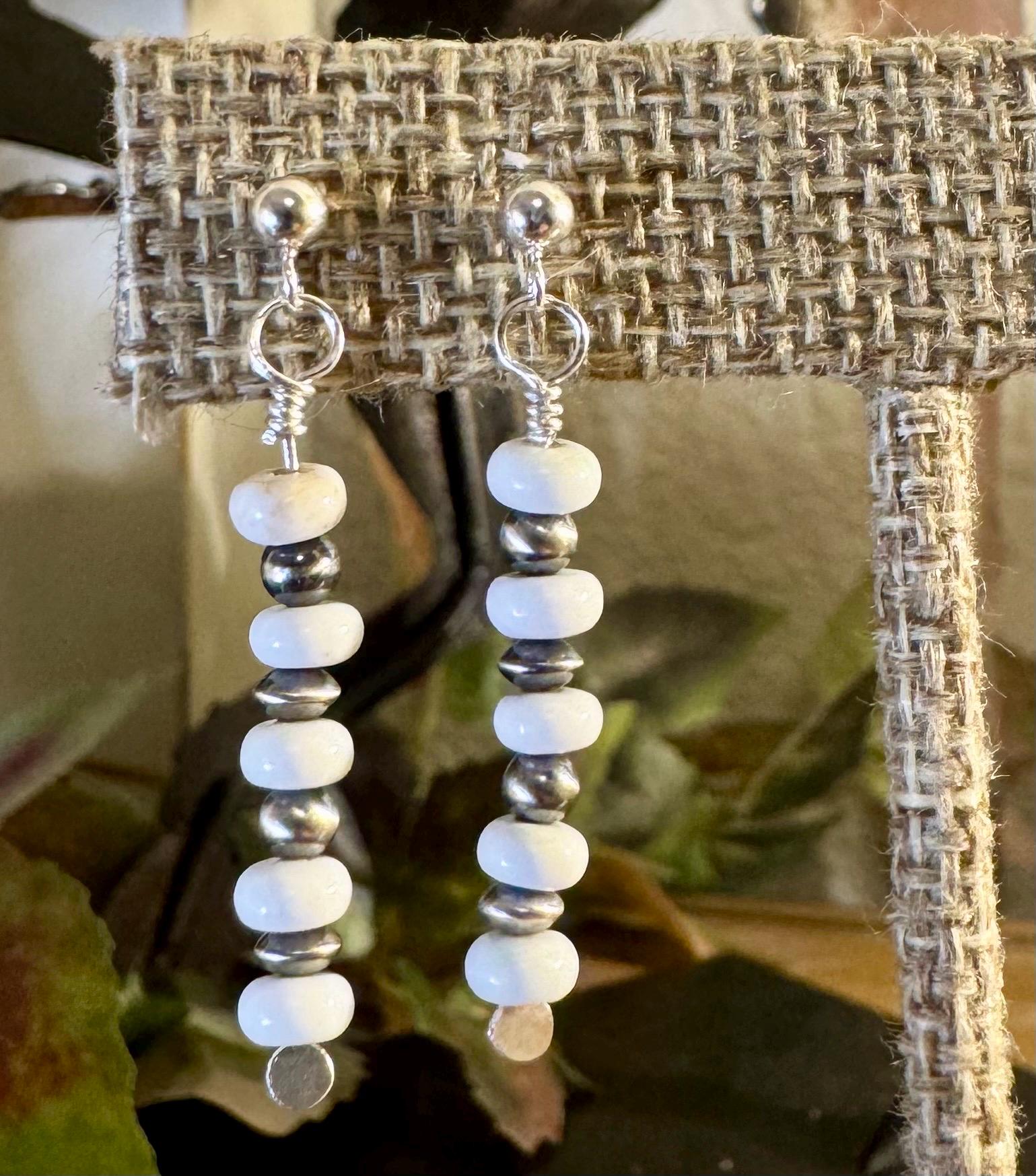 Navajo pearls with white turquoise dangle drop post earrings / tiny sterling silver drop earrings