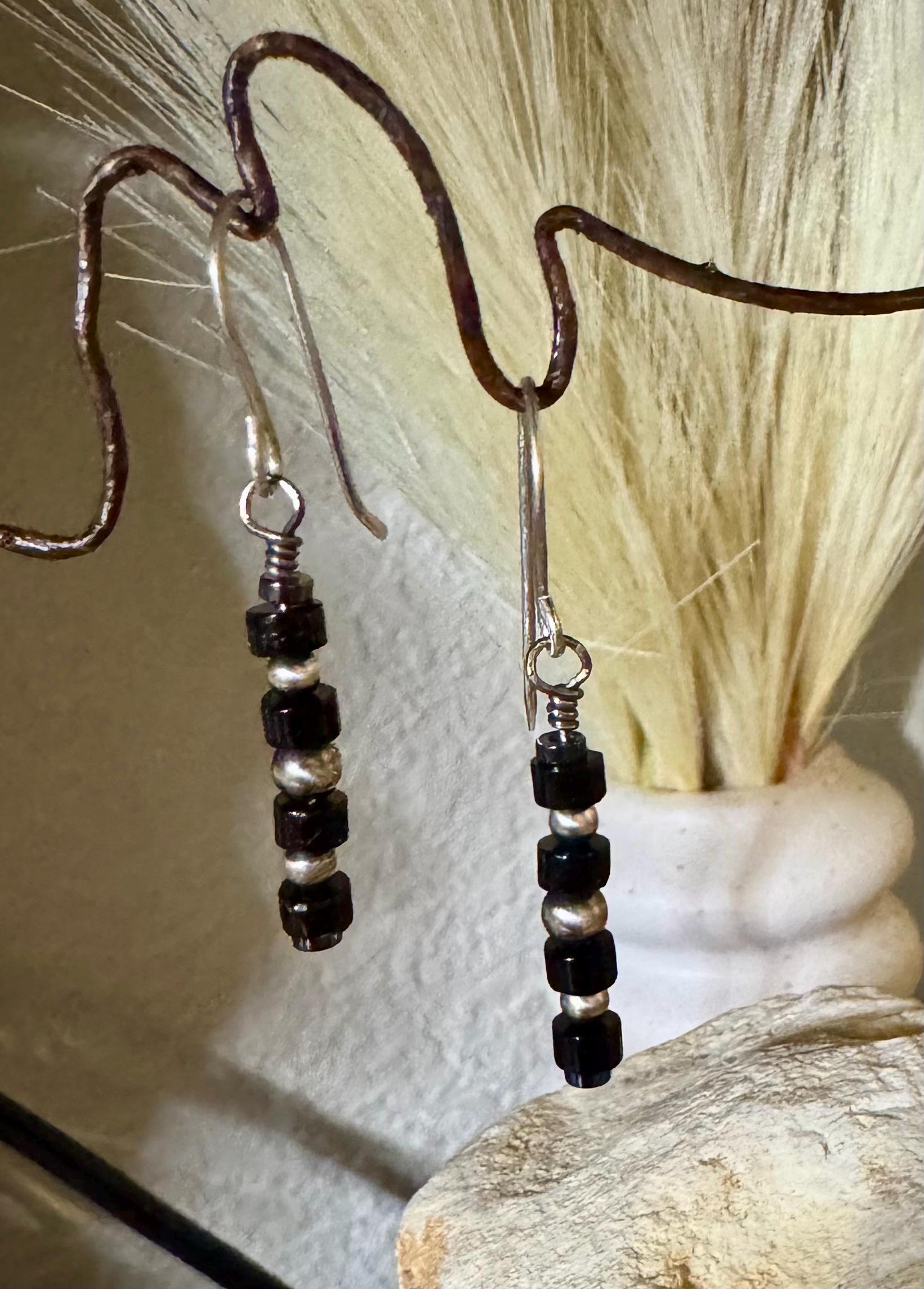 Navajo pearls with hematite and black onyx dangle drop earrings / tiny sterling silver drop earrings