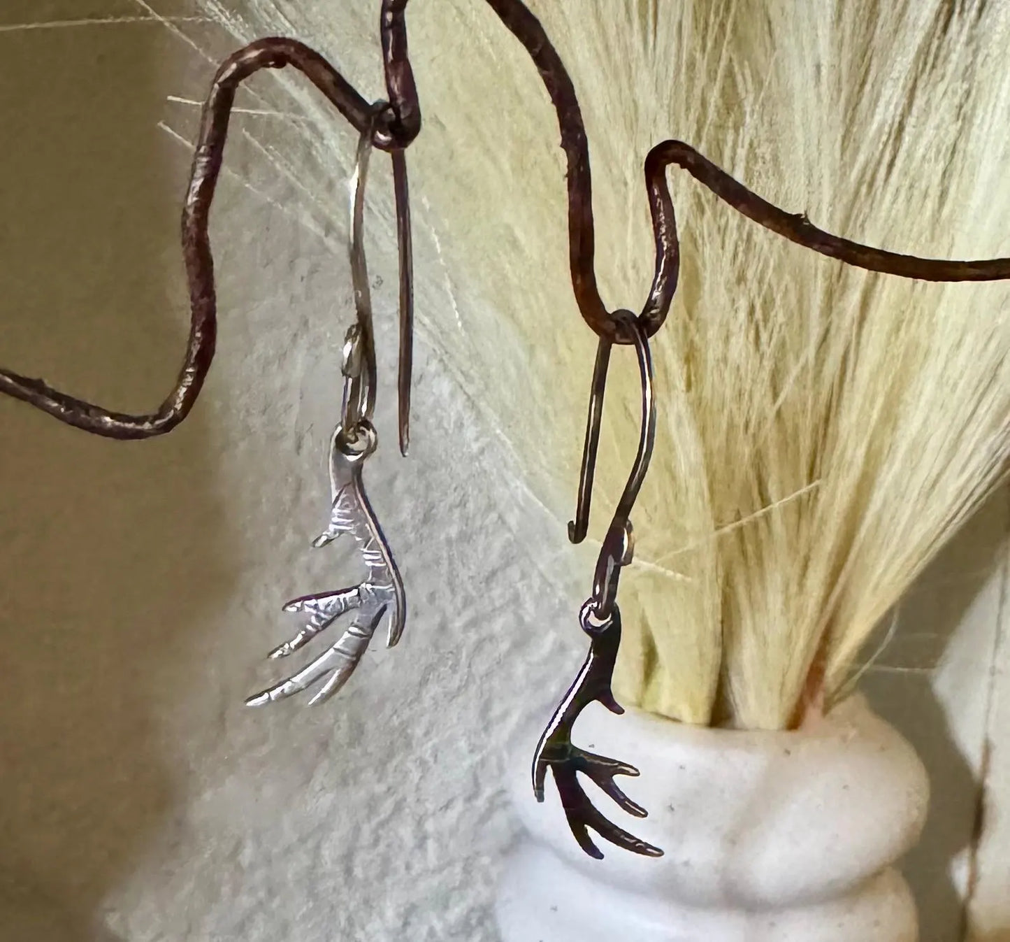 Deer antler oxidized sterling silver earrings