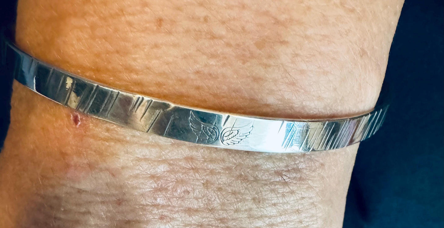 Angel wing stamped sterling silver hammered cuff bracelet