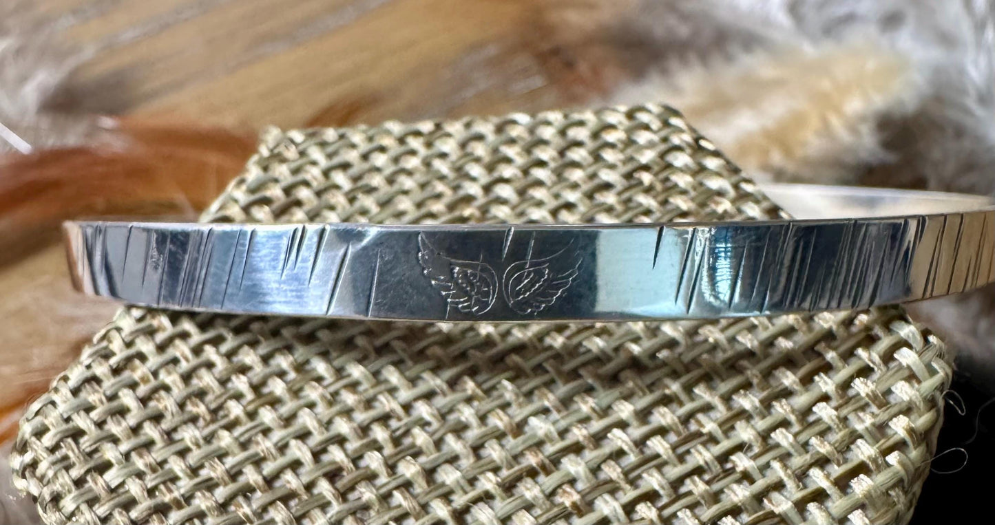 Angel wing stamped sterling silver hammered cuff bracelet