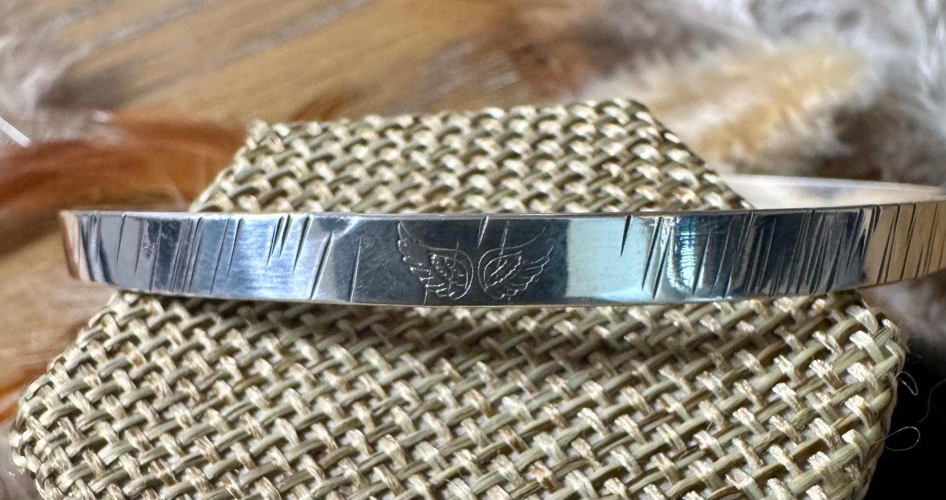 Angel wing stamped sterling silver hammered cuff bracelet