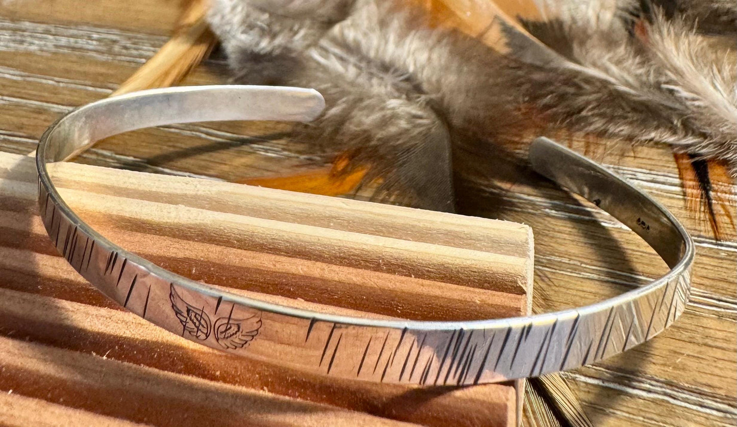 Angel wing stamped sterling silver hammered cuff bracelet