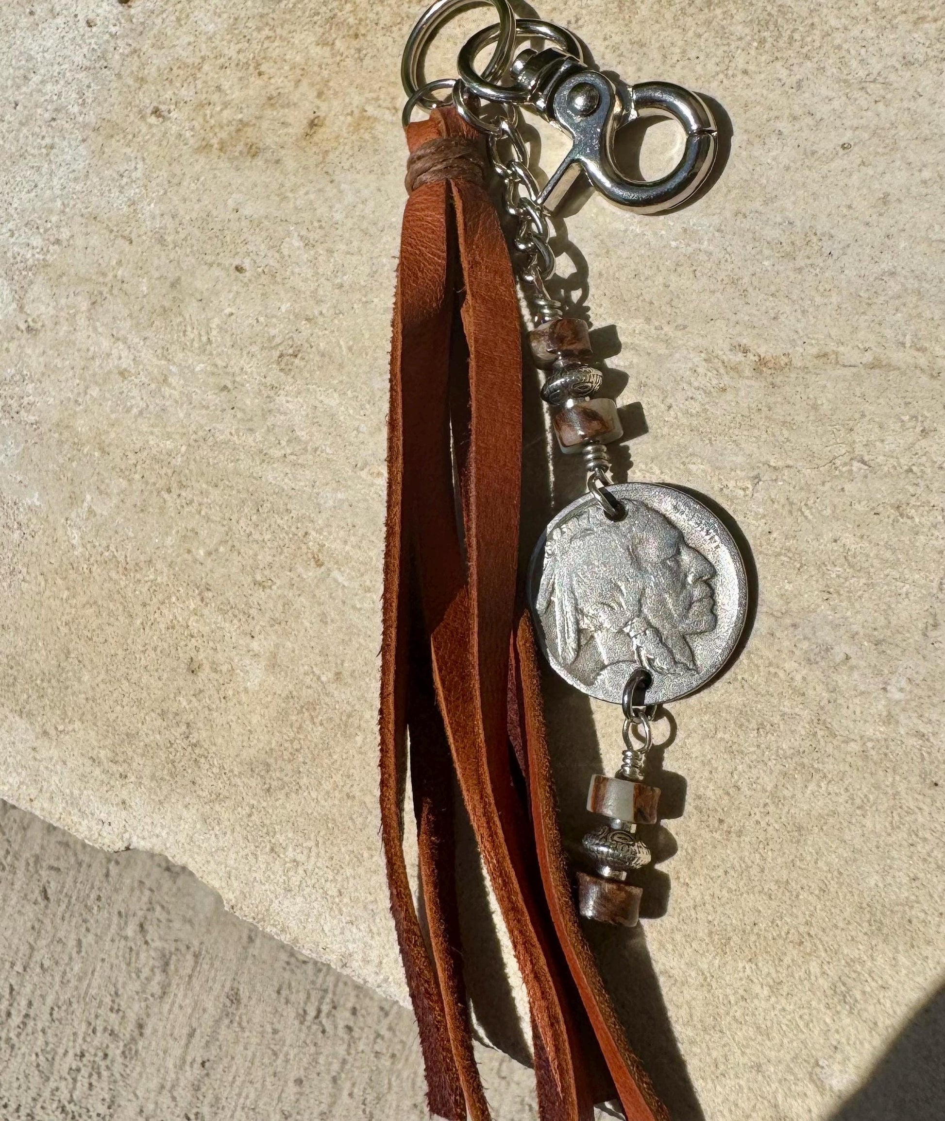 Leather purse tassel Indian head buffalo nickel keychain with Impression Jasper gemstone
