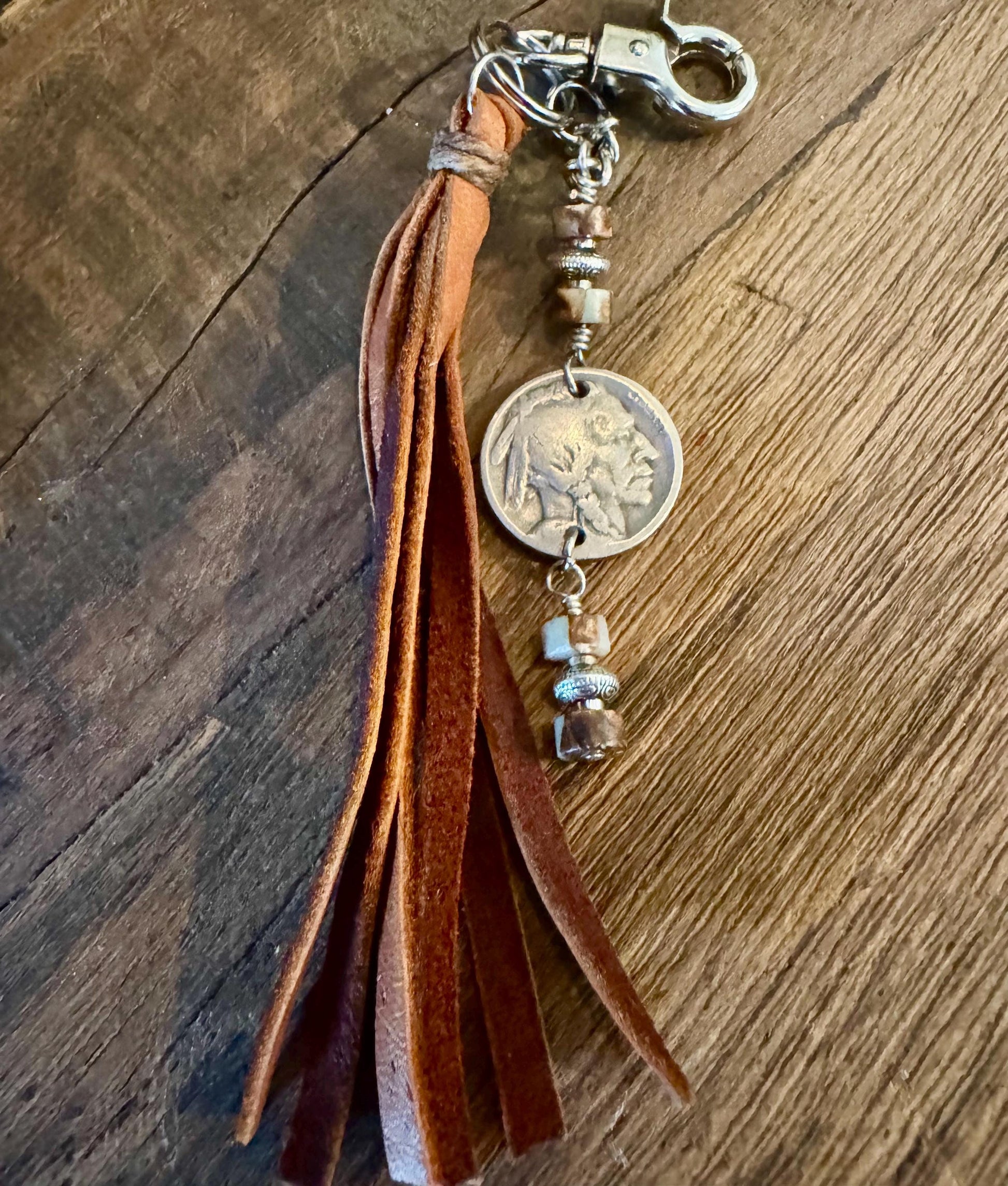 Leather purse tassel Indian head buffalo nickel keychain with Impression Jasper gemstone