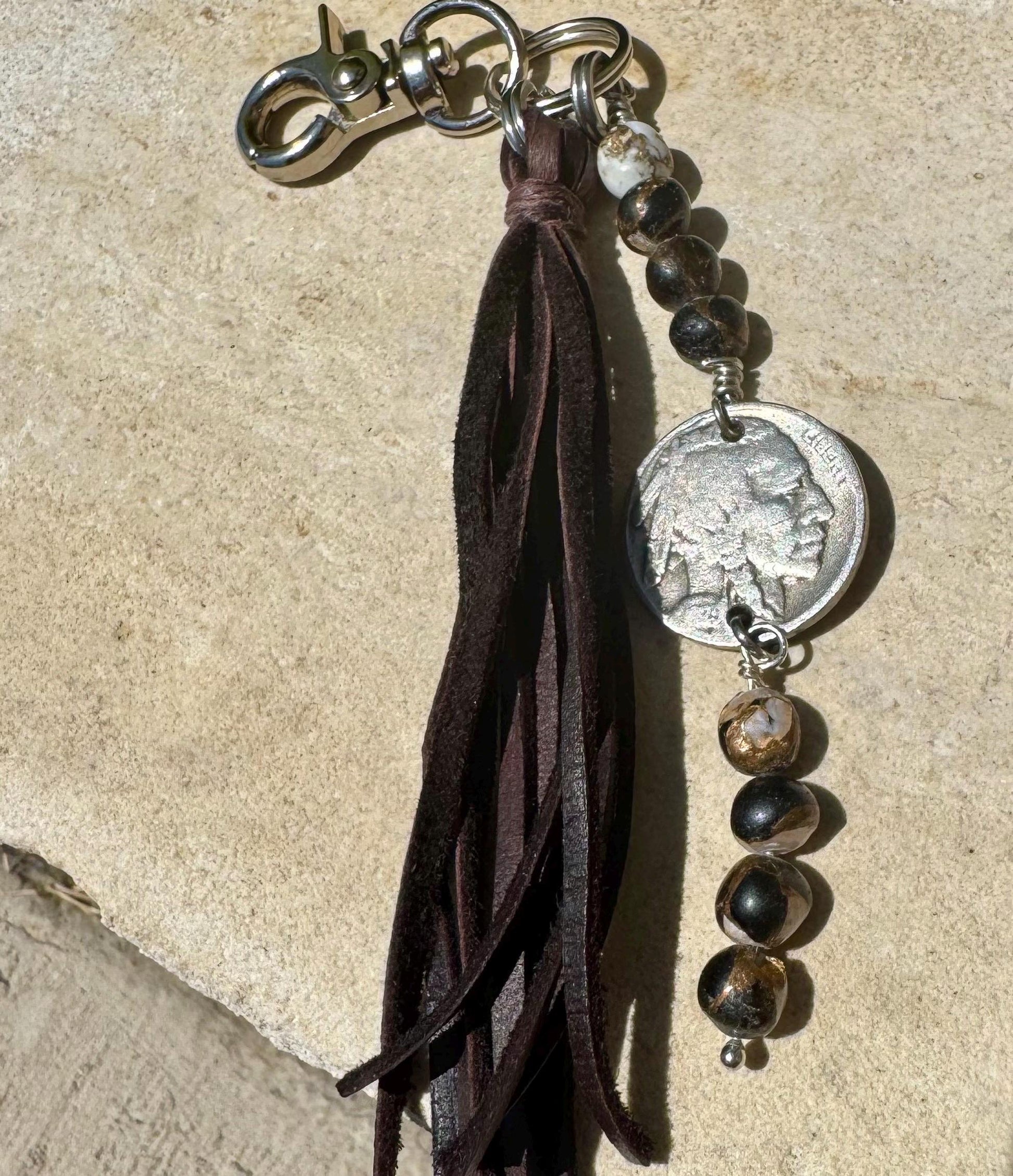 Leather purse tassel Indian head buffalo nickel keychain with white buffalo gemstone