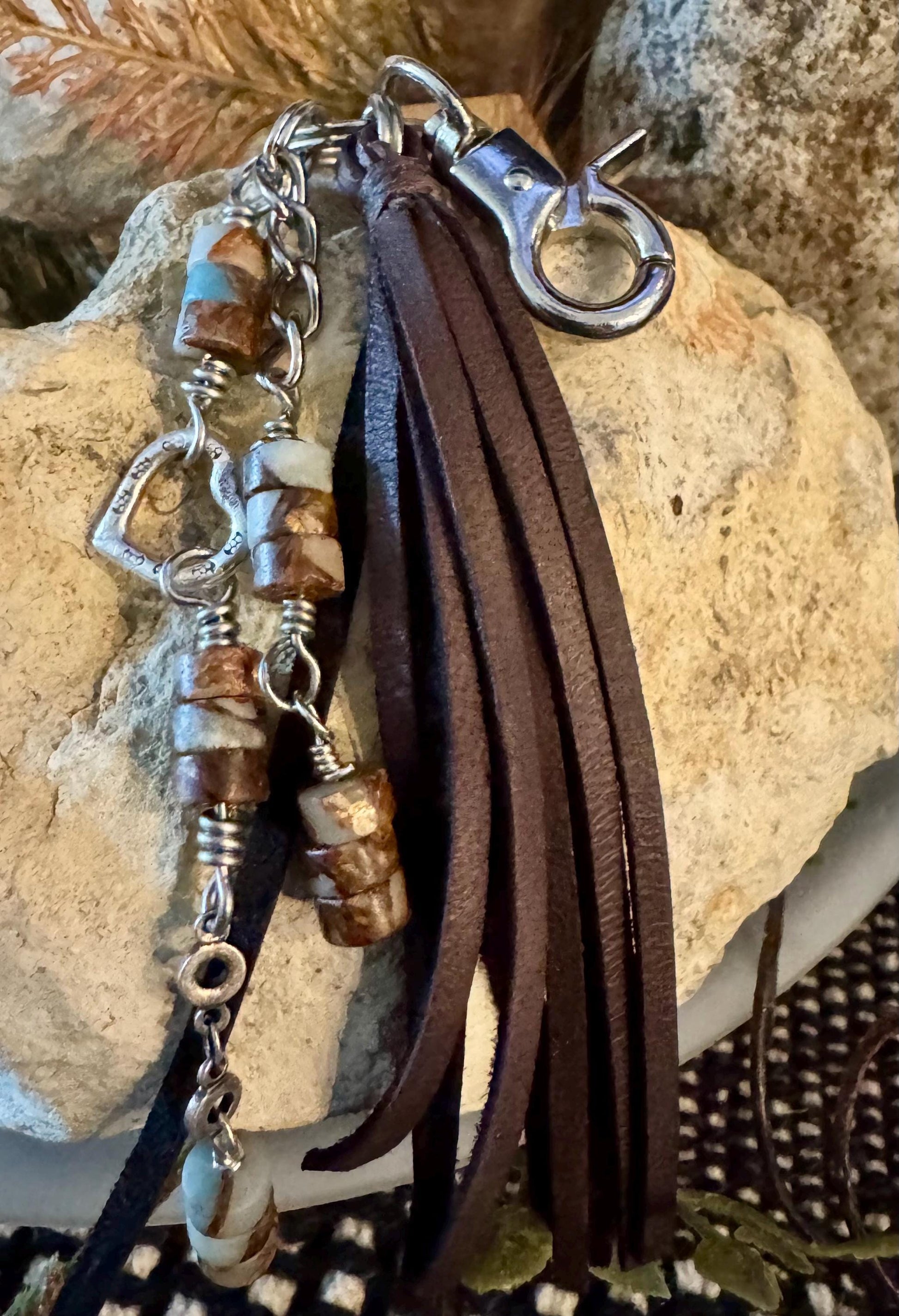 Leather purse tassel with Impression jasper gemstone / beads and sterling silver heart charm
