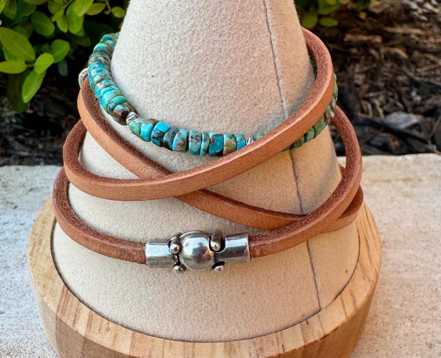 Turquoise Leather Wrap Bracelet, Sterling Silver Bracelet, Genuine Leather Gemstone Bracelet, Gift for Her