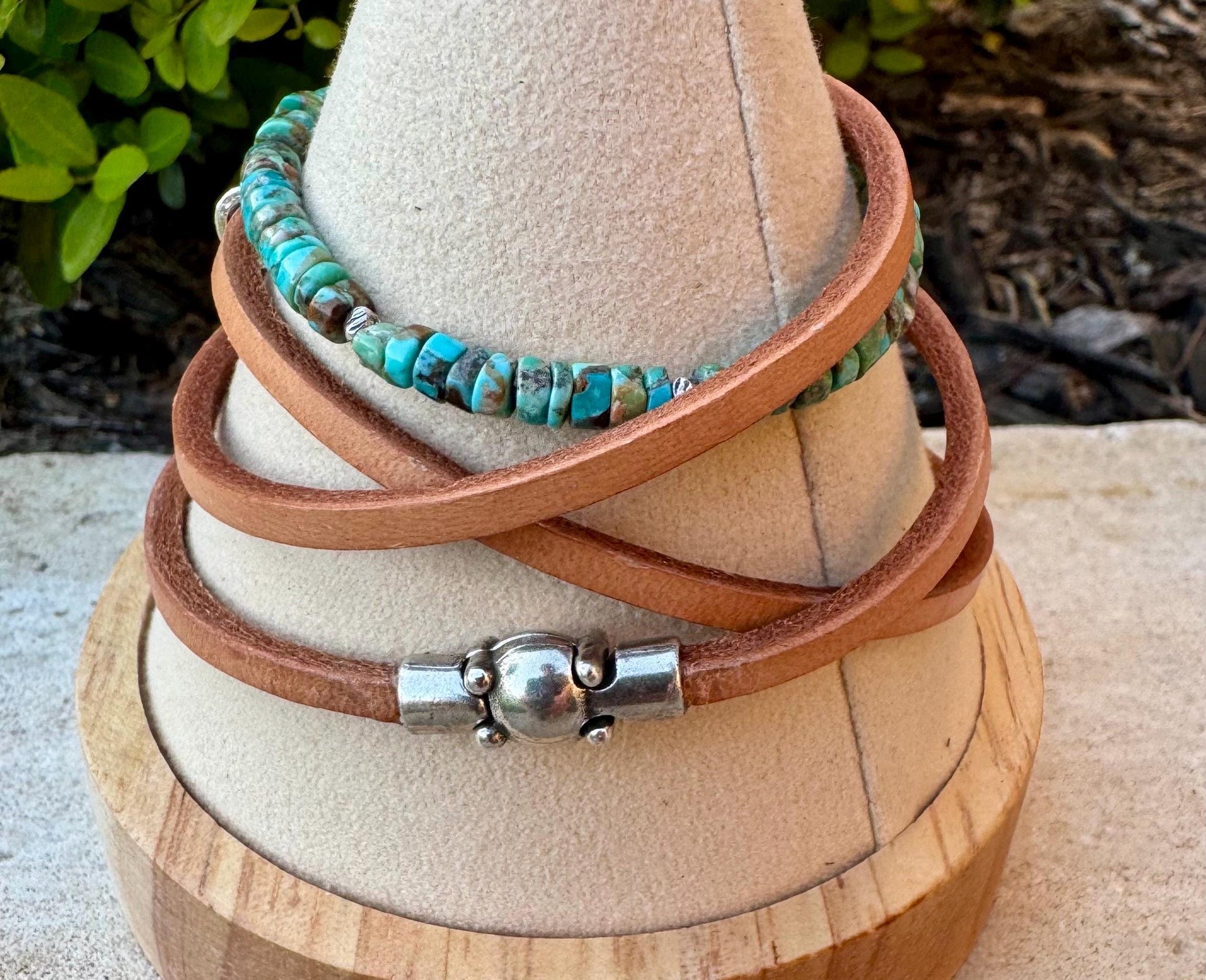 Turquoise Leather Wrap Bracelet, Sterling Silver Bracelet, Genuine Leather Gemstone Bracelet, Gift for Her