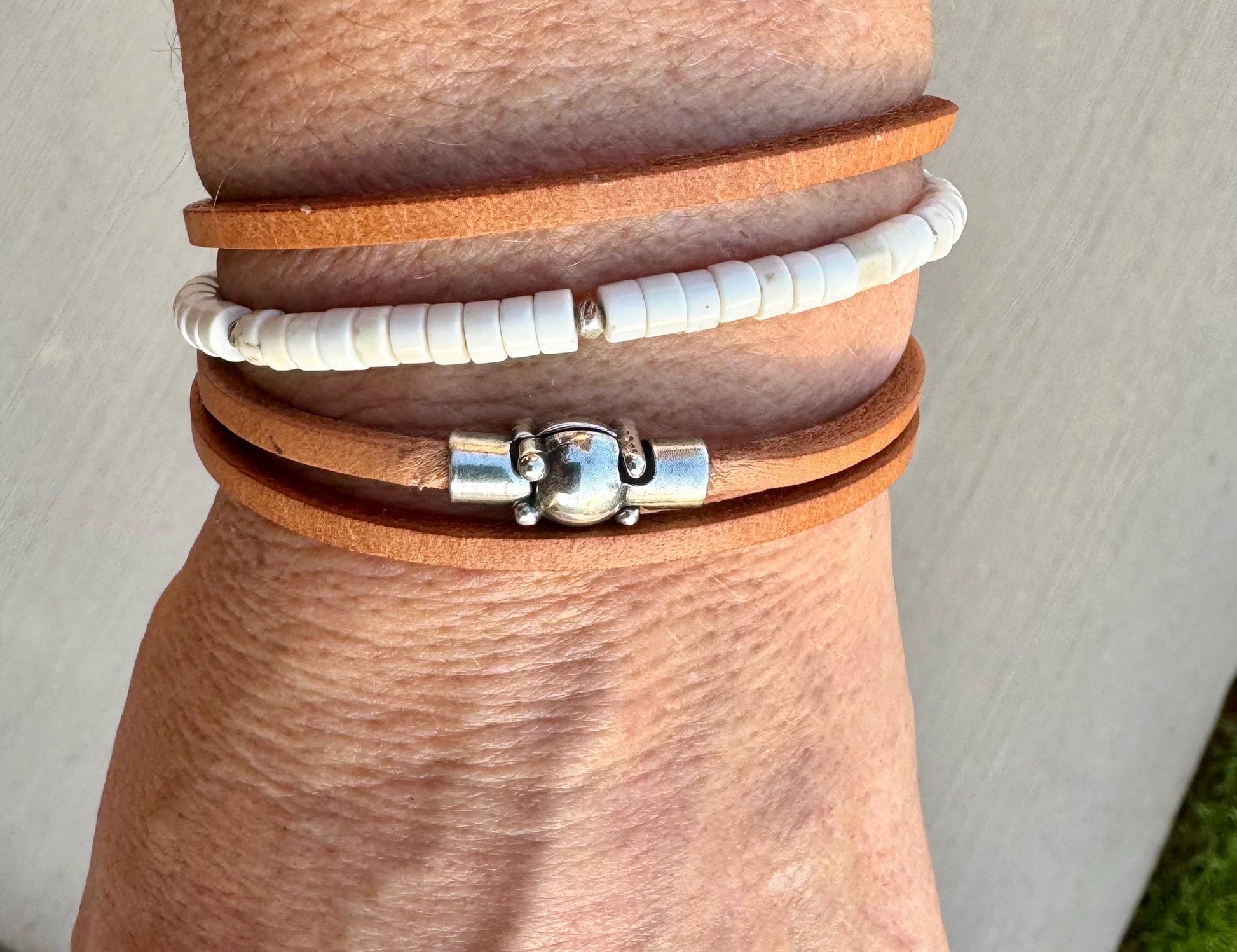 Sterling Silver Wrap Bracelet, White Turquoise Gemstone Bracelet, Leather Jewelry, Genuine Leather Gift, Stylish Wristwear
