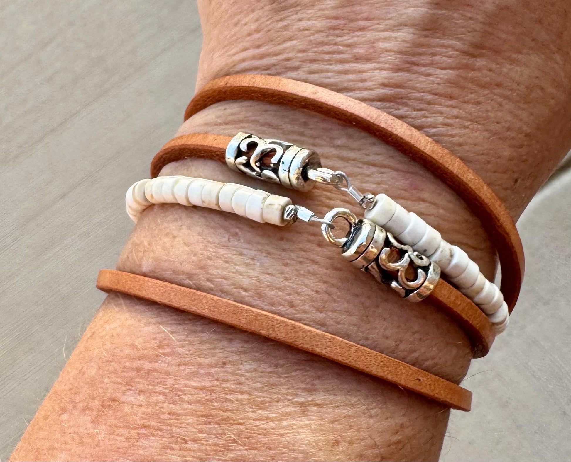 Sterling Silver Wrap Bracelet, White Turquoise Gemstone Bracelet, Leather Jewelry, Genuine Leather Gift, Stylish Wristwear