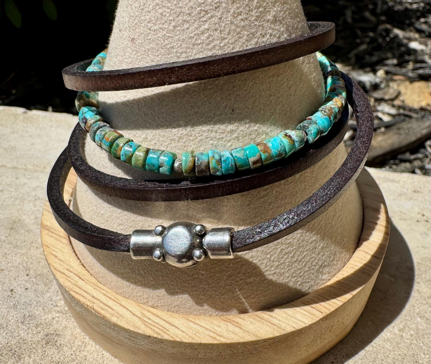 Turquoise Leather Wrap Bracelet, Sterling Silver Bracelet, Genuine Leather Gemstone Bracelet, Gift for Her