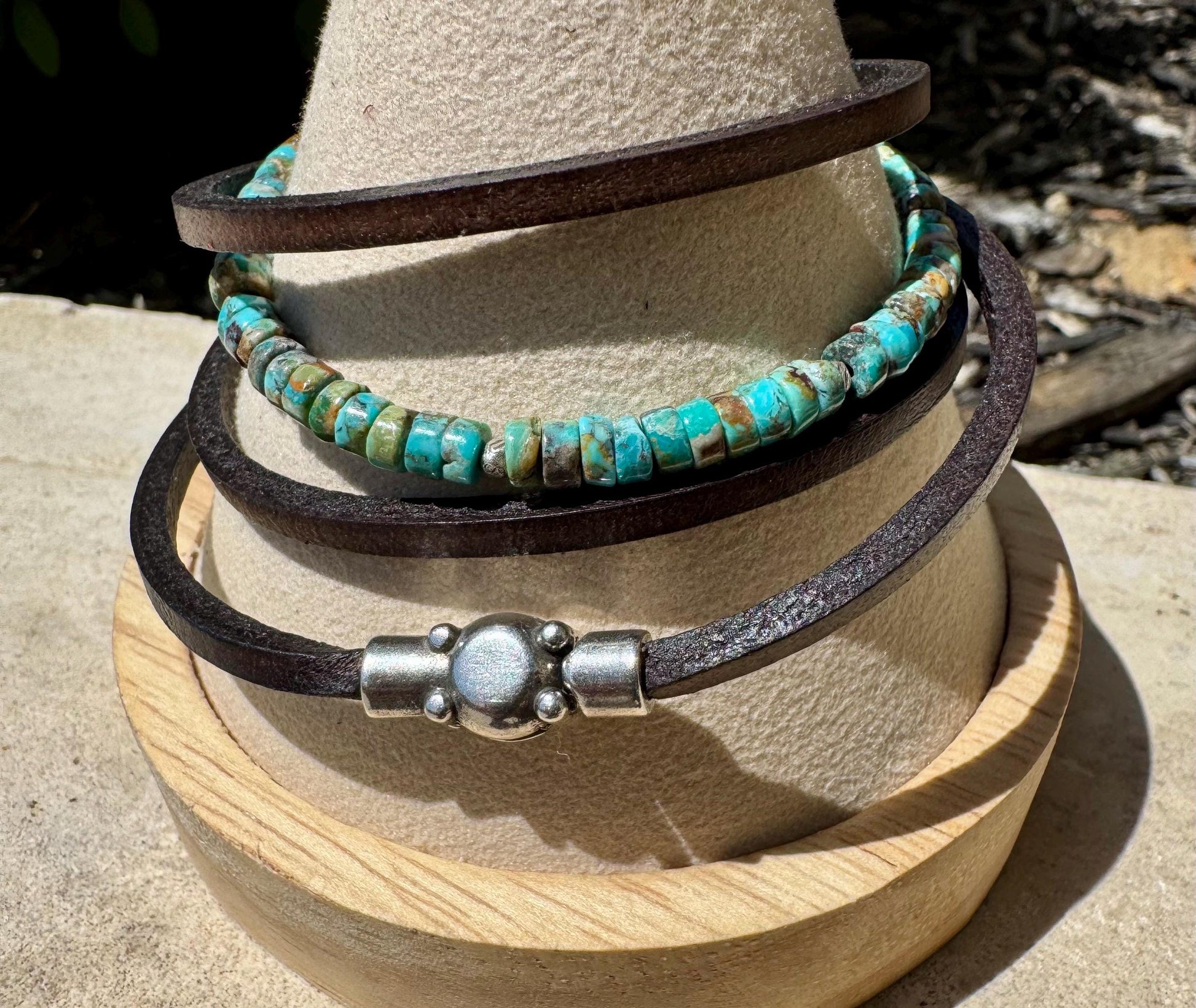 Turquoise Leather Wrap Bracelet, Sterling Silver Bracelet, Genuine Leather Gemstone Bracelet, Gift for Her