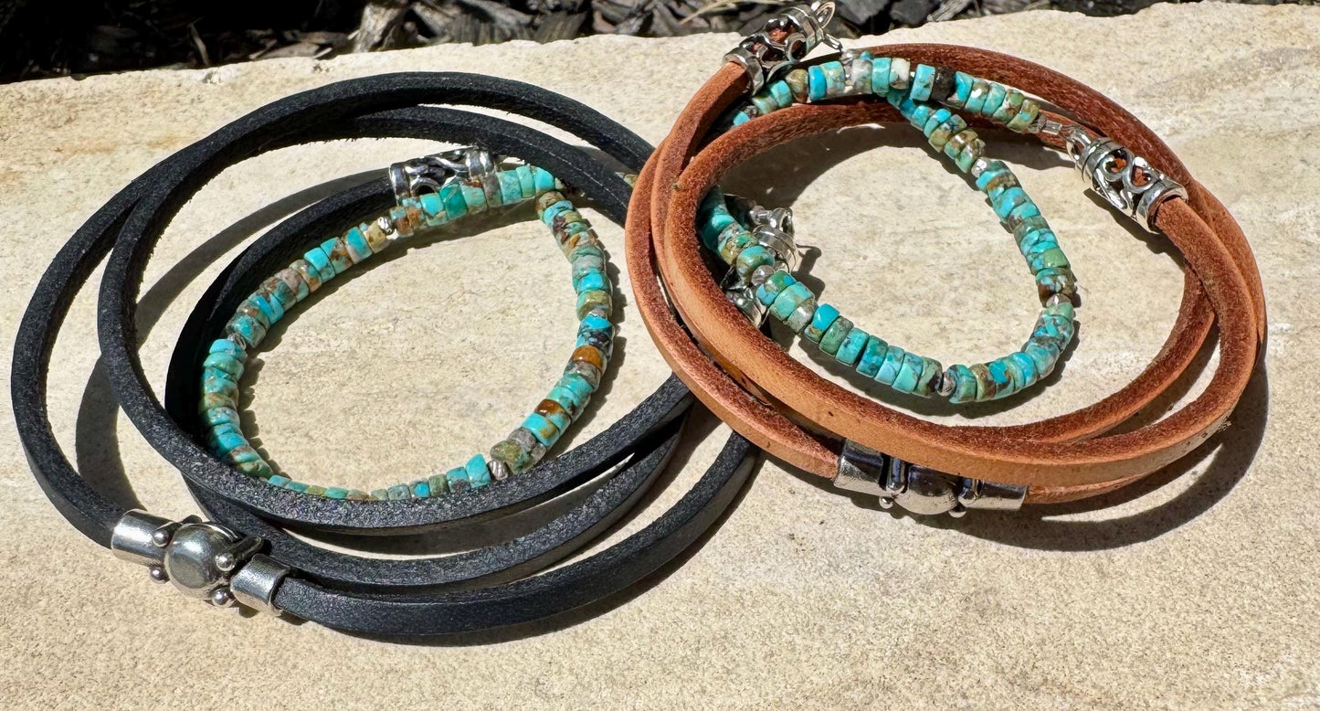 Turquoise Leather Wrap Bracelet, Sterling Silver Bracelet, Genuine Leather Gemstone Bracelet, Gift for Her