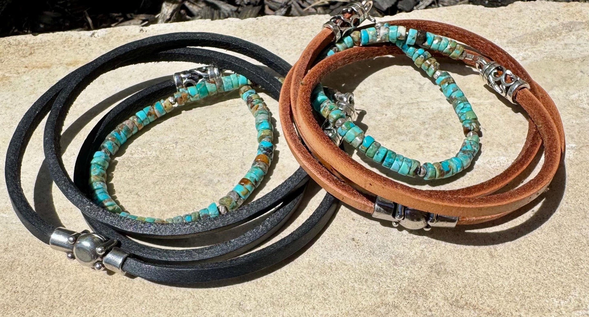 Turquoise Leather Wrap Bracelet, Sterling Silver Bracelet, Genuine Leather Gemstone Bracelet, Gift for Her