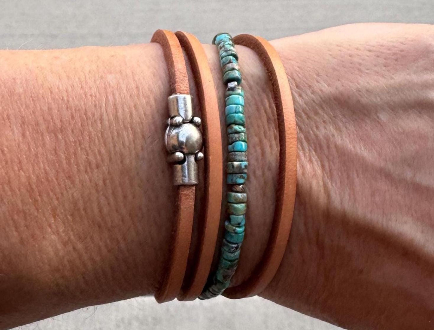 Turquoise Leather Wrap Bracelet, Sterling Silver Bracelet, Genuine Leather Gemstone Bracelet, Gift for Her