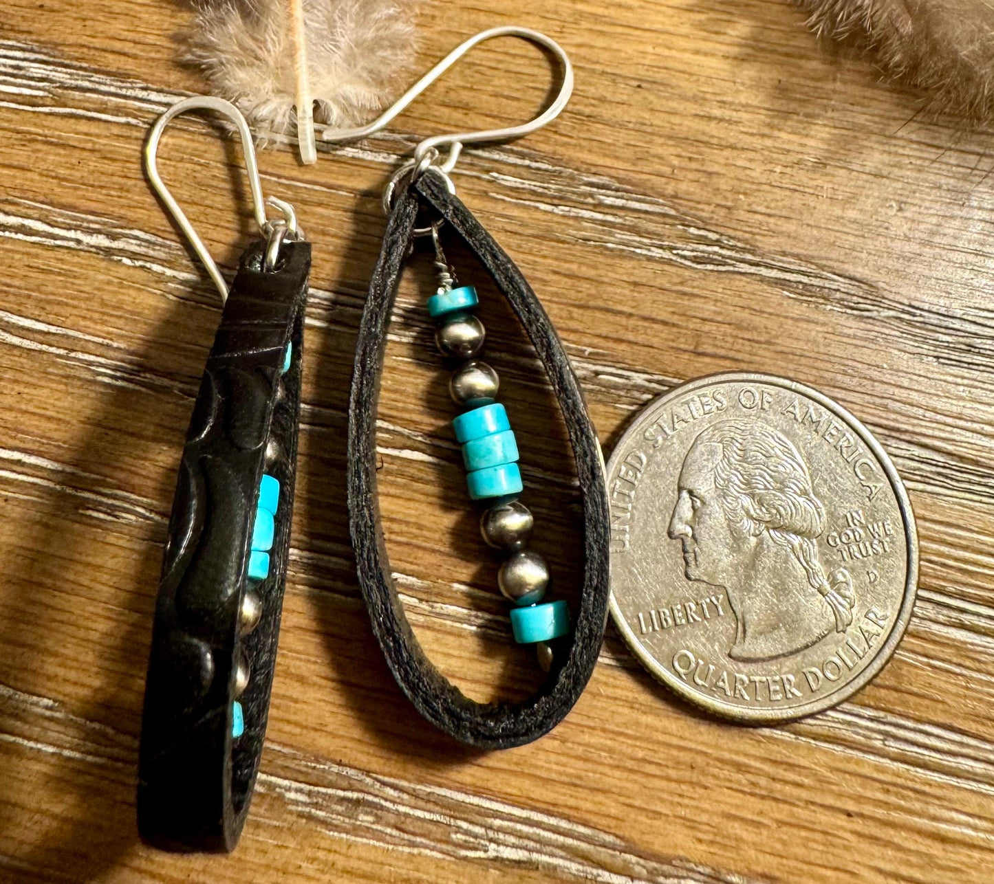 Navajo pearl and turquoise leather earrings teardrop style / leather earrings