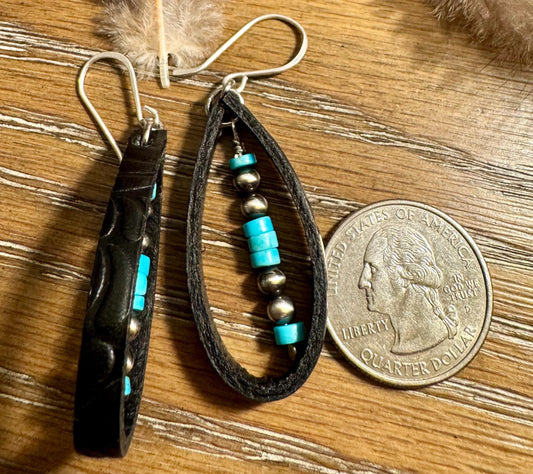 Navajo pearl and turquoise leather earrings teardrop style / leather earrings
