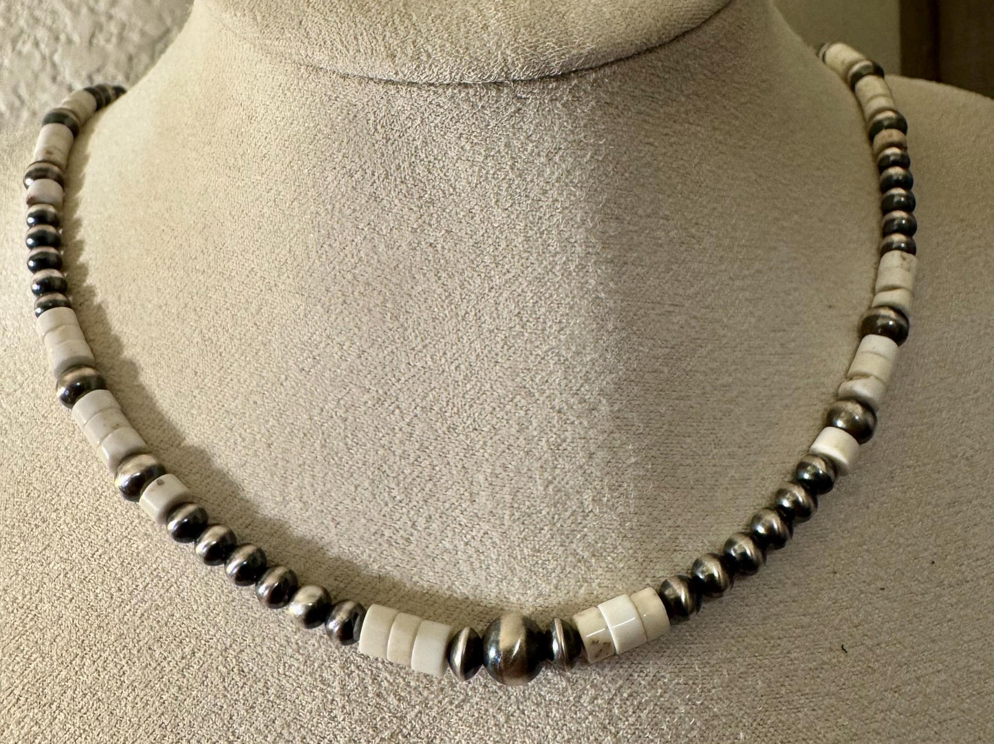 Navajo Pearl and White Turquoise Necklace, Sterling Silver Gemstone Beaded Necklace, Turquoise Choker, Authentic Navajo Pearl Necklace