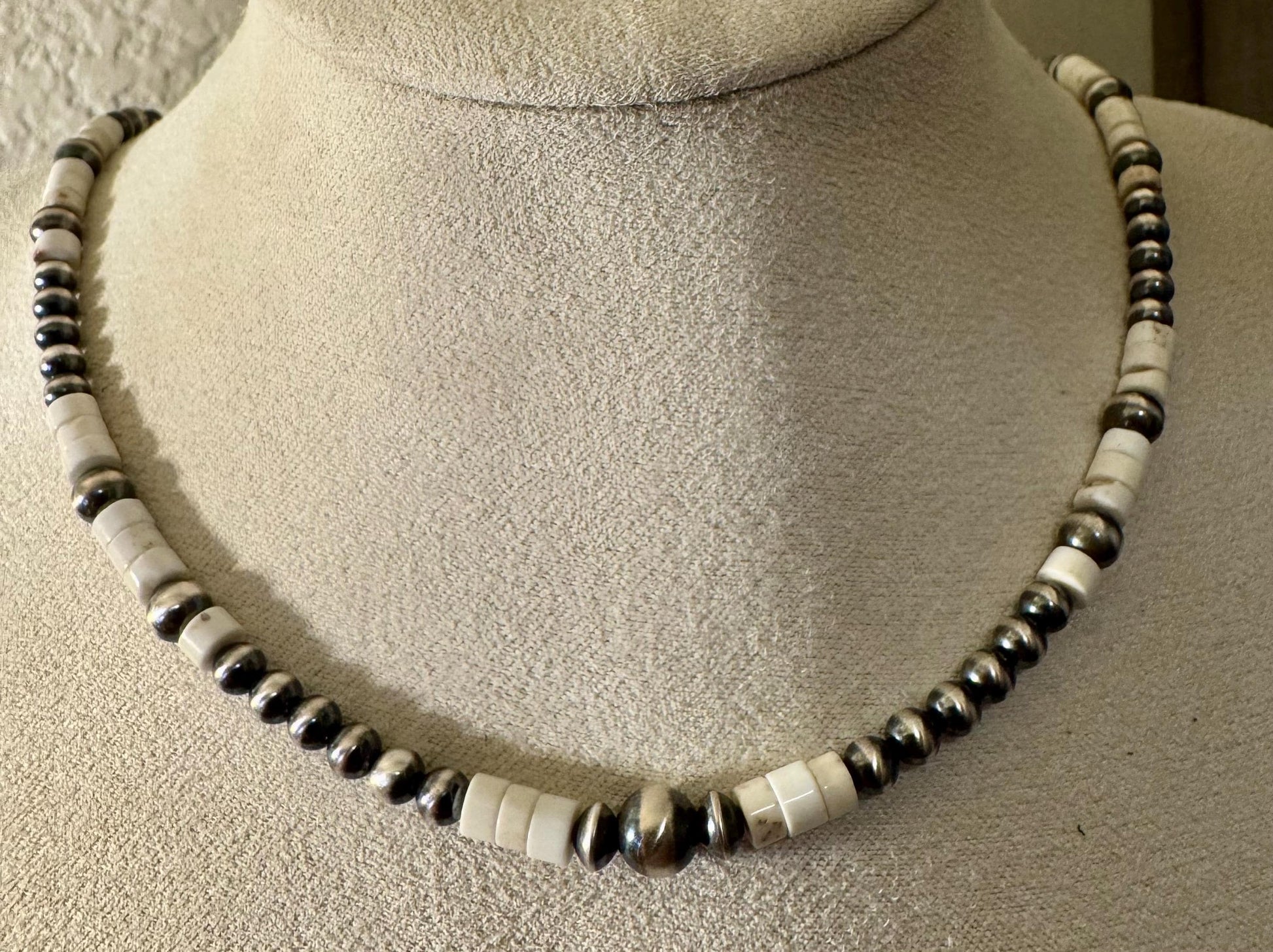 Navajo Pearl and White Turquoise Necklace, Sterling Silver Gemstone Beaded Necklace, Turquoise Choker, Authentic Navajo Pearl Necklace