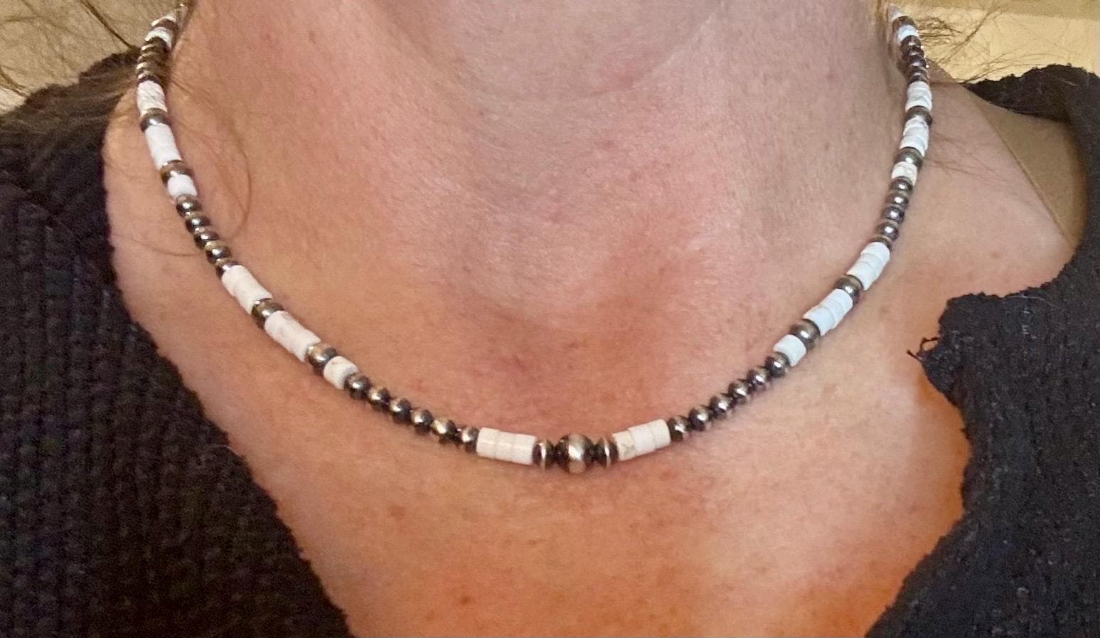 Navajo Pearl and White Turquoise Necklace, Sterling Silver Gemstone Beaded Necklace, Turquoise Choker, Authentic Navajo Pearl Necklace