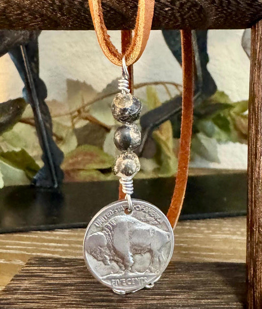 Indian head buffalo nickel on genuine deerskin single leather lace with white buffalo gemstone