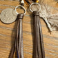 Leather earrings with sterling circle and petrified wood gemstone dangle / genuine leather earrings