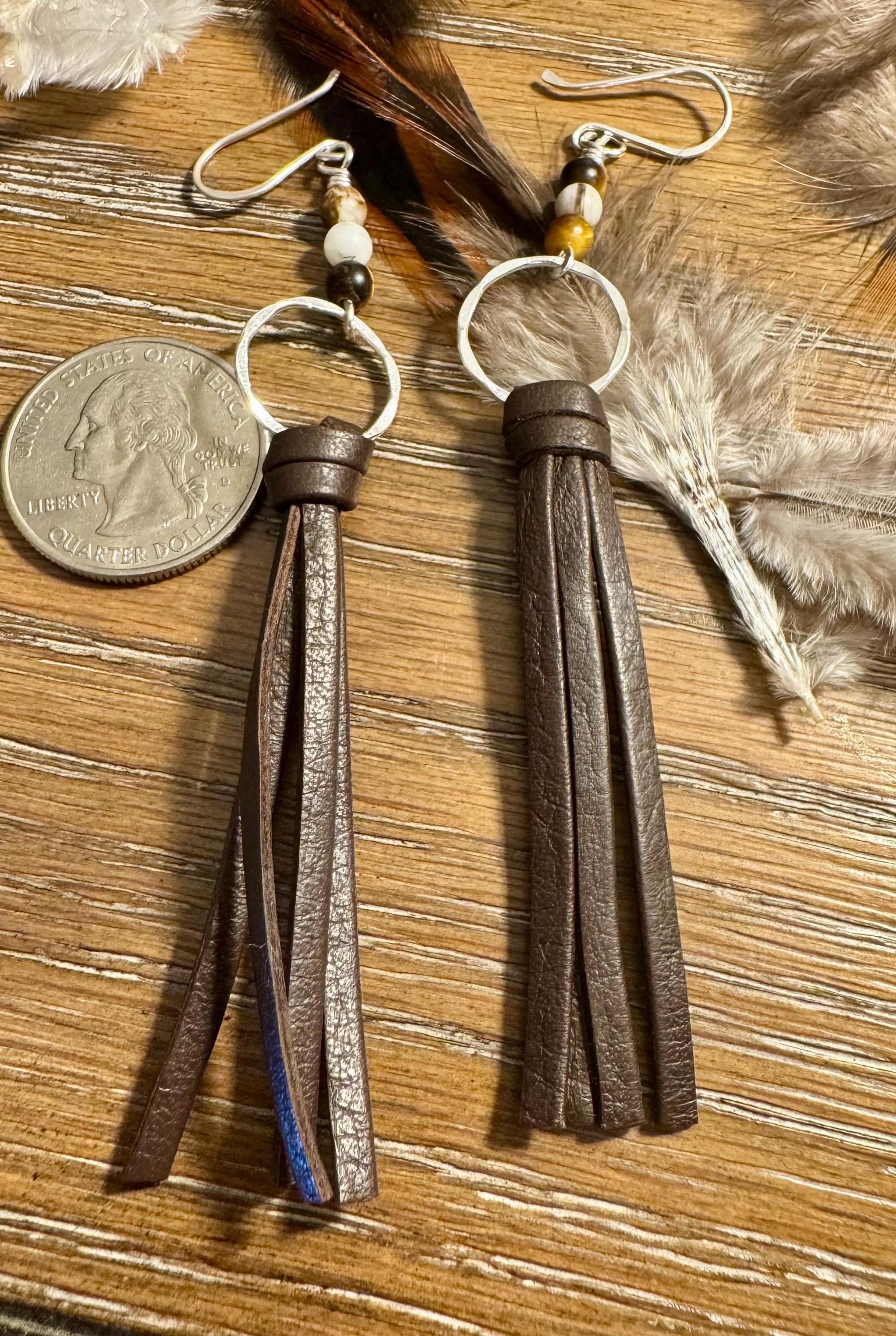 Leather earrings with sterling circle and petrified wood gemstone dangle / genuine leather earrings