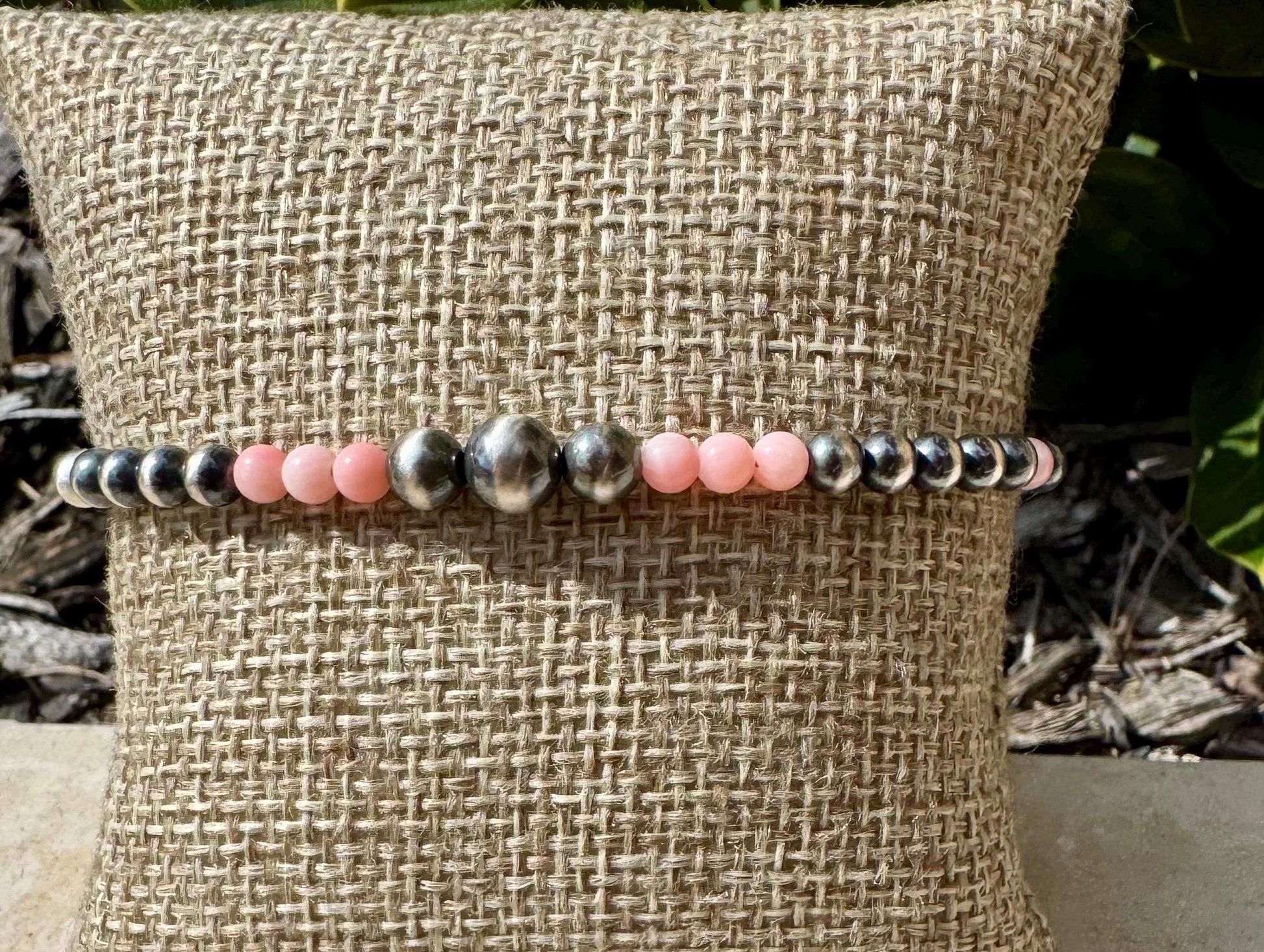 Navajo pearl with angel skin pink coral gemstone bracelet / sterling silver beaded gemstone bracelet