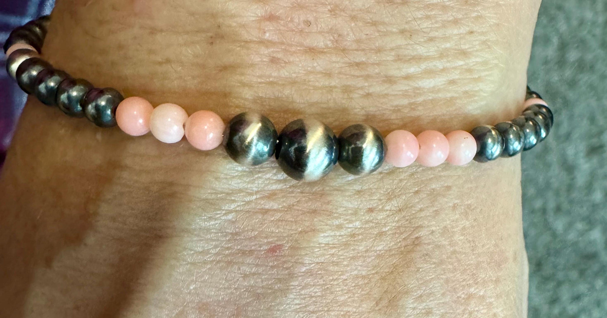 Navajo pearl with angel skin pink coral gemstone bracelet / sterling silver beaded gemstone bracelet