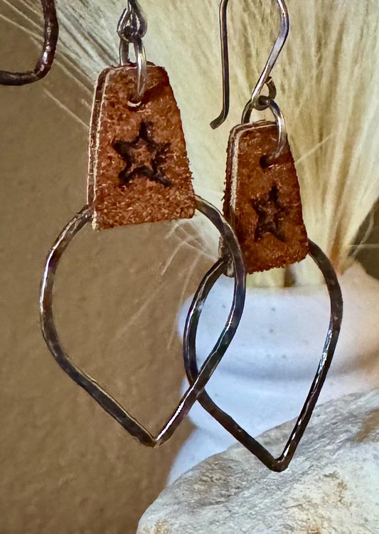 Leather earrings teardrop style earrings with etched burnt star design/ genuine suede leather earrings
