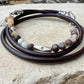 Leather wrap bracelet with petrified opal wood half cuff gemstones / beads