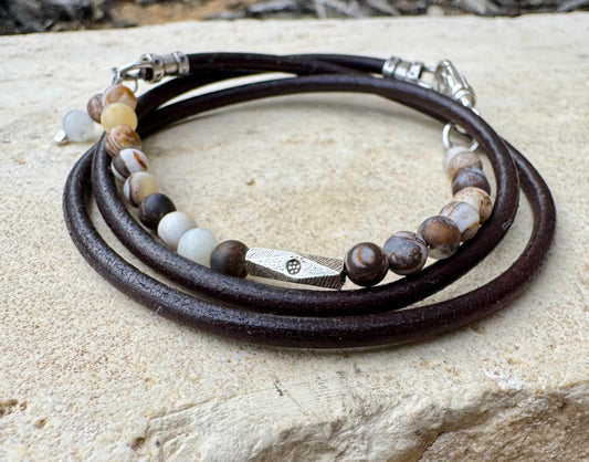 Leather wrap bracelet with petrified opal wood half cuff gemstones / beads