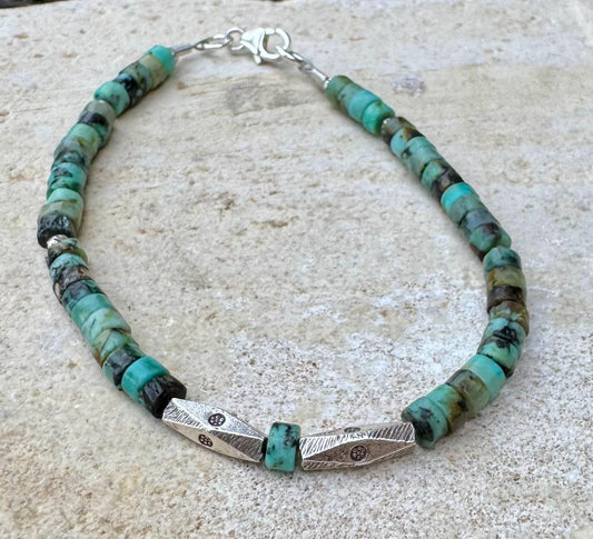 Sterling Silver and African Turquoise Bracelet, Gemstone Beaded Bracelet, Handmade Jewelry, Gift Idea
