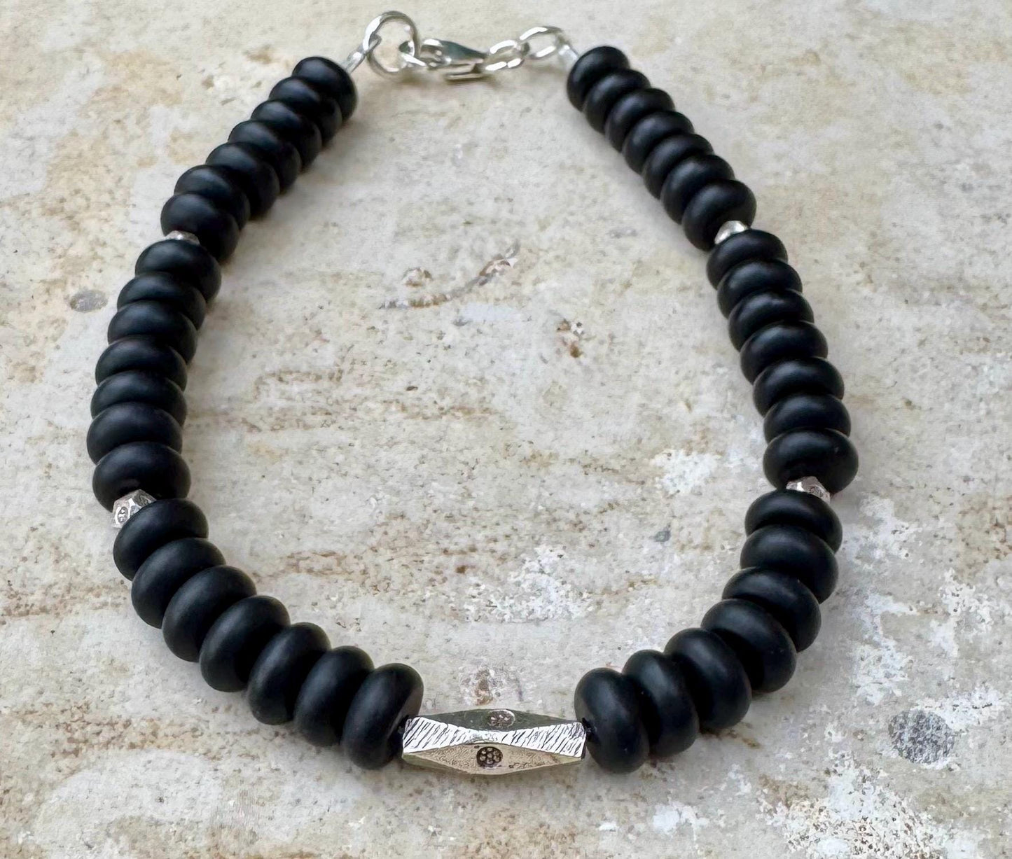 Black onyx sterling silver beaded / gemstone bracelet