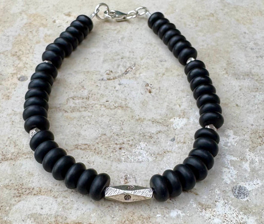 Black onyx sterling silver beaded / gemstone bracelet