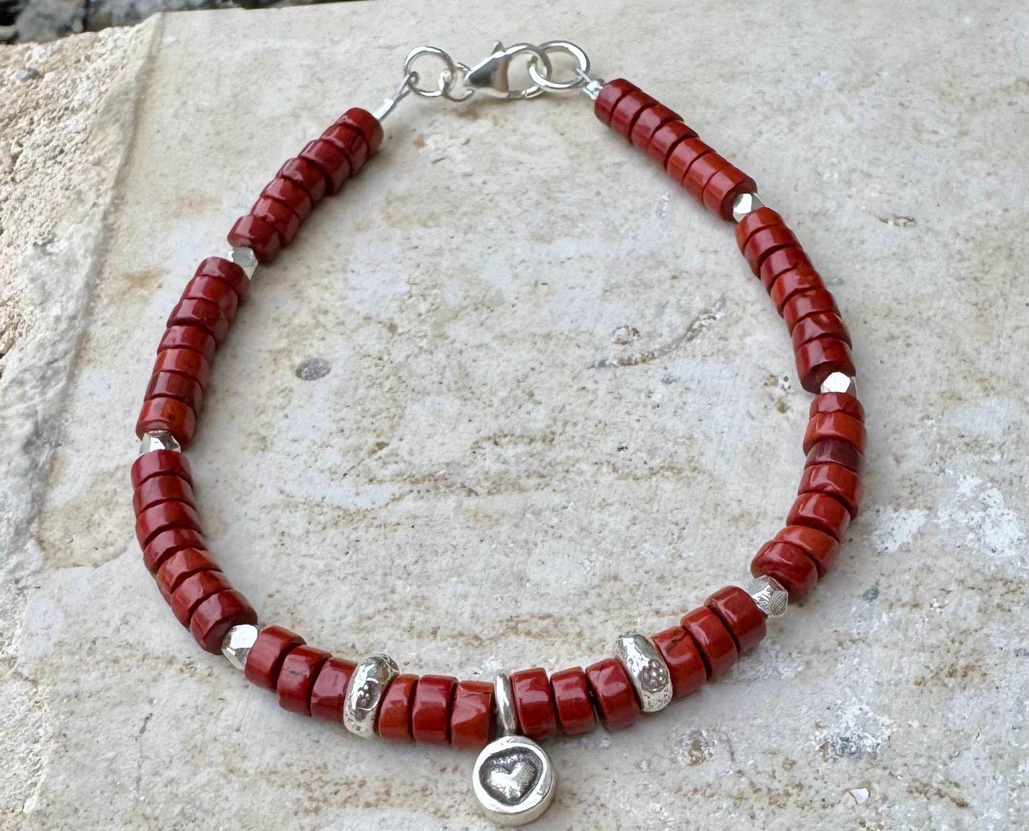 Red jasper bracelet / sterling silver beaded gemstone bracelet