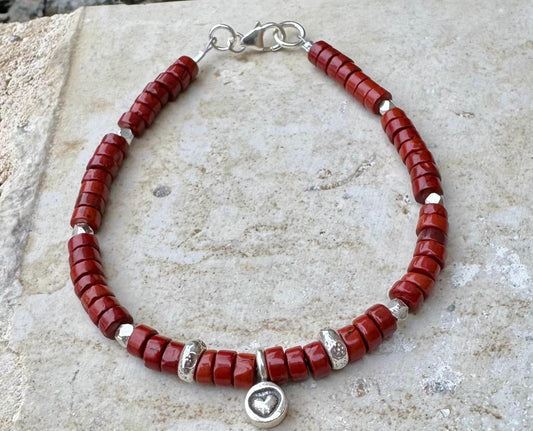 Red jasper bracelet / sterling silver beaded gemstone bracelet