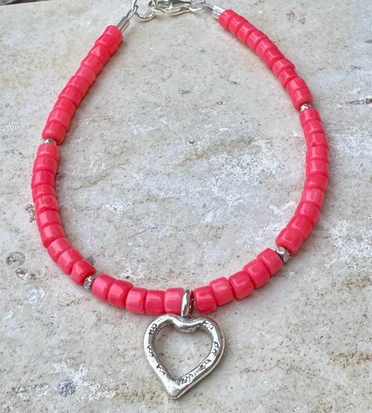 Pink coral bracelet / sterling silver beaded gemstone bracelet