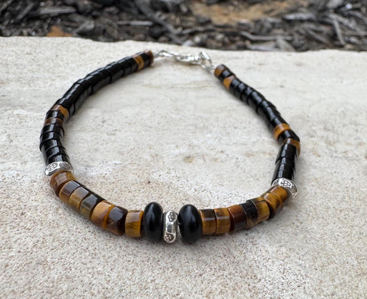 Tiger's eye, black onyx and sterling silver spacers bracelet / gemstone bracelet