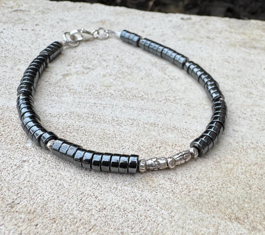 Hematite Beaded Bracelet, Sterling Silver Gemstone Bracelet, Unisex Bracelet, His and Hers Gift, Minimalist Jewelry, Stacking Bracelet