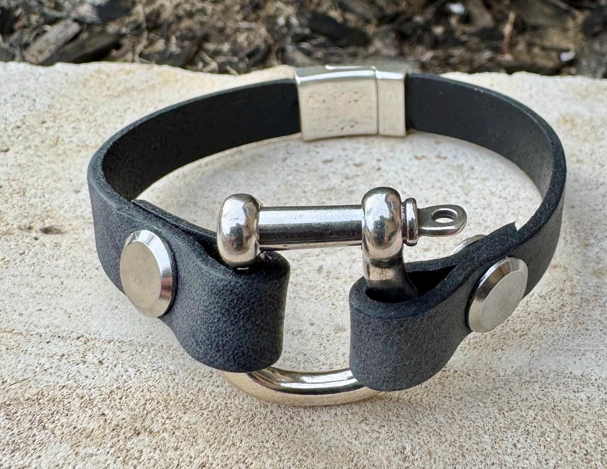 Leather shackle style bracelet with horse clasp magnet closure / genuine leather bracelet