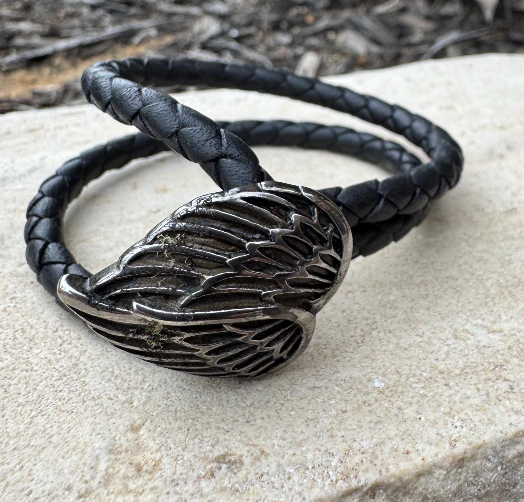 Leather bracelet wrap with angel wing clasp