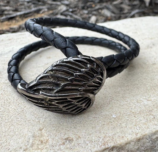 Leather bracelet wrap with angel wing clasp