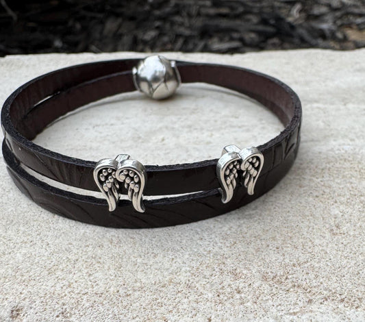 Embossed flower pattern leather wrap bracelet with angel wings spacers and magnet closure, black or dark brown leather
